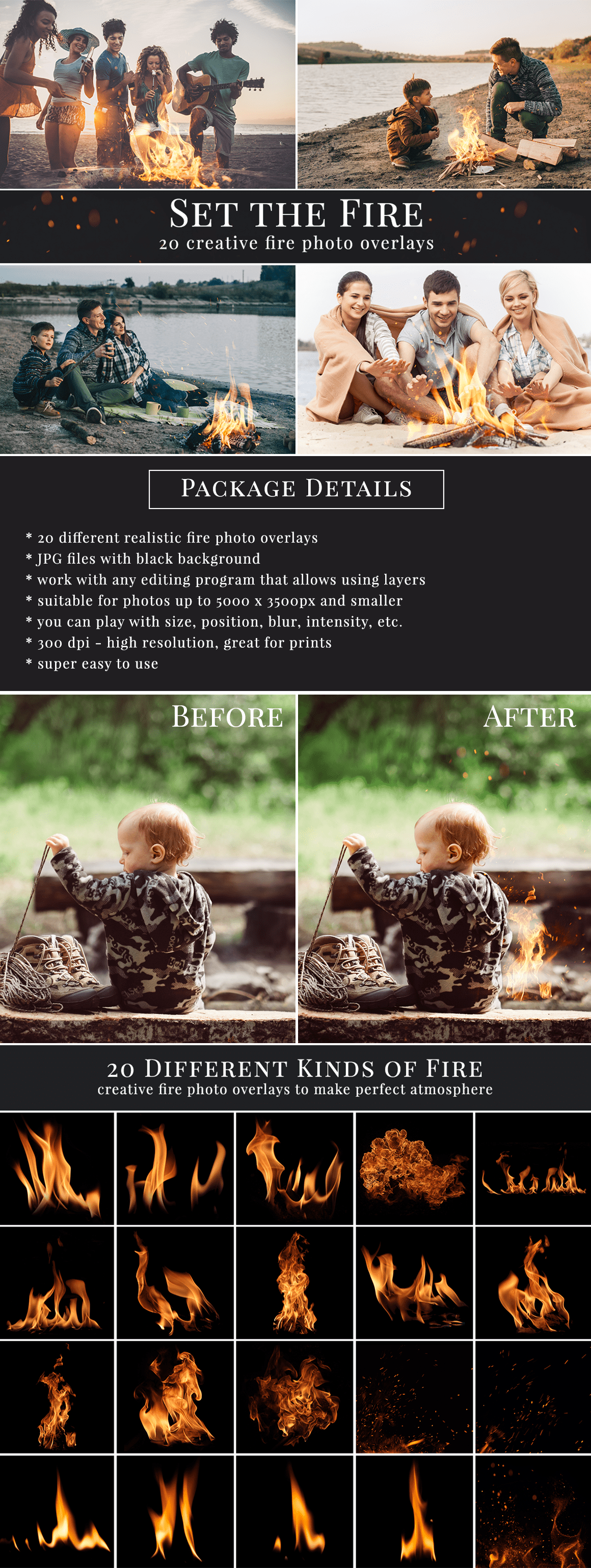 Creative fire photo overlays for Photoshop, Zoner, Gimp etc. Super easy to use, very realistic result just in one minute. Great for outdoor photography. Photo overlays for creative photographer from Brown Leopard. 