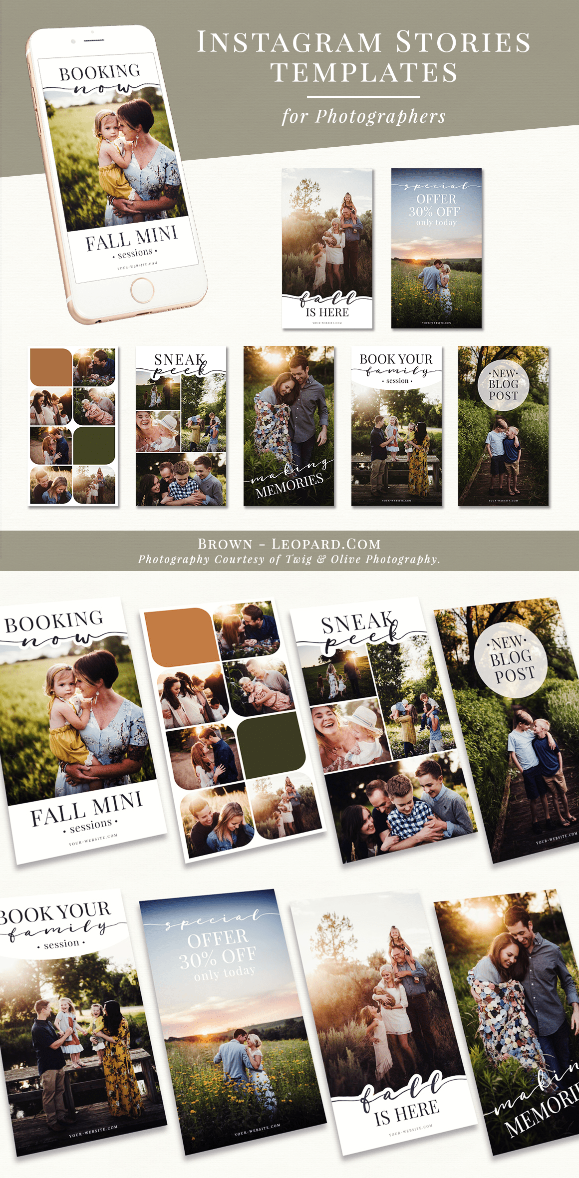 Instagram Stories Bundle for Photographers - fall theme. Great marketing tool to promote your photography business on social media, boost your service, offers & special sales.Customizable layered psd files for Adobe Photoshop and Photoshop Elements - super easy to use. Digital design templates for creative photographers from Brown Leopard. 