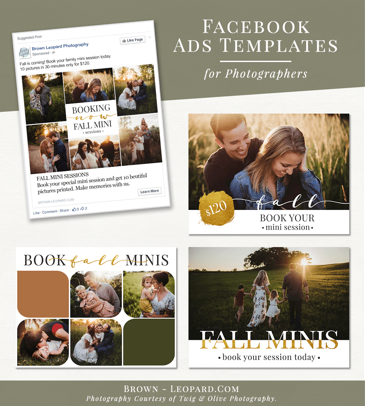 Facebook Advertisement Bundle for Photographers - fall theme. Great marketing tool to promote your photography business on social media, boost your service, offers & special sales. Customizable layered psd files for Adobe Photoshop and Photoshop Elements - super easy to use. Digital design templates for creative photographers from Brown Leopard. 
