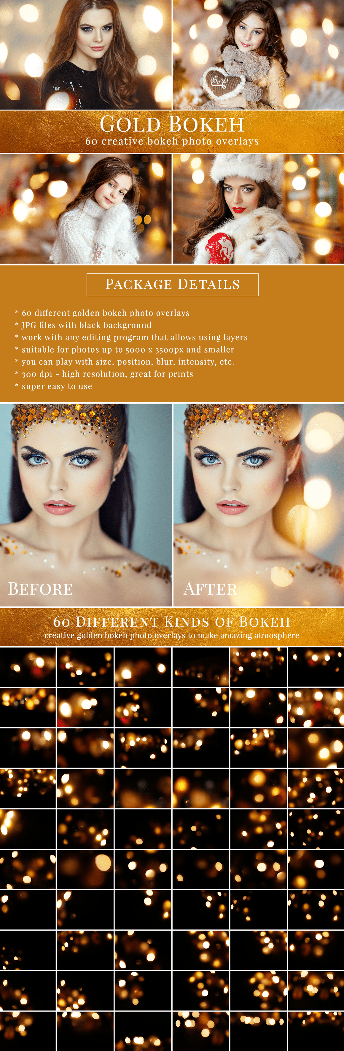 Creative Christmas gold bokeh photo overlays - all you need to style amazing holiday scenes. Great for Christmas mini sessions but also for glamour portrait and sunset pictures. Professional photo overlays for Photoshop, Zoner, Gimp etc. Super easy & fast to use, very pretty result just in one minute. Photo overlays for creative photographers from Brown Leopard. 