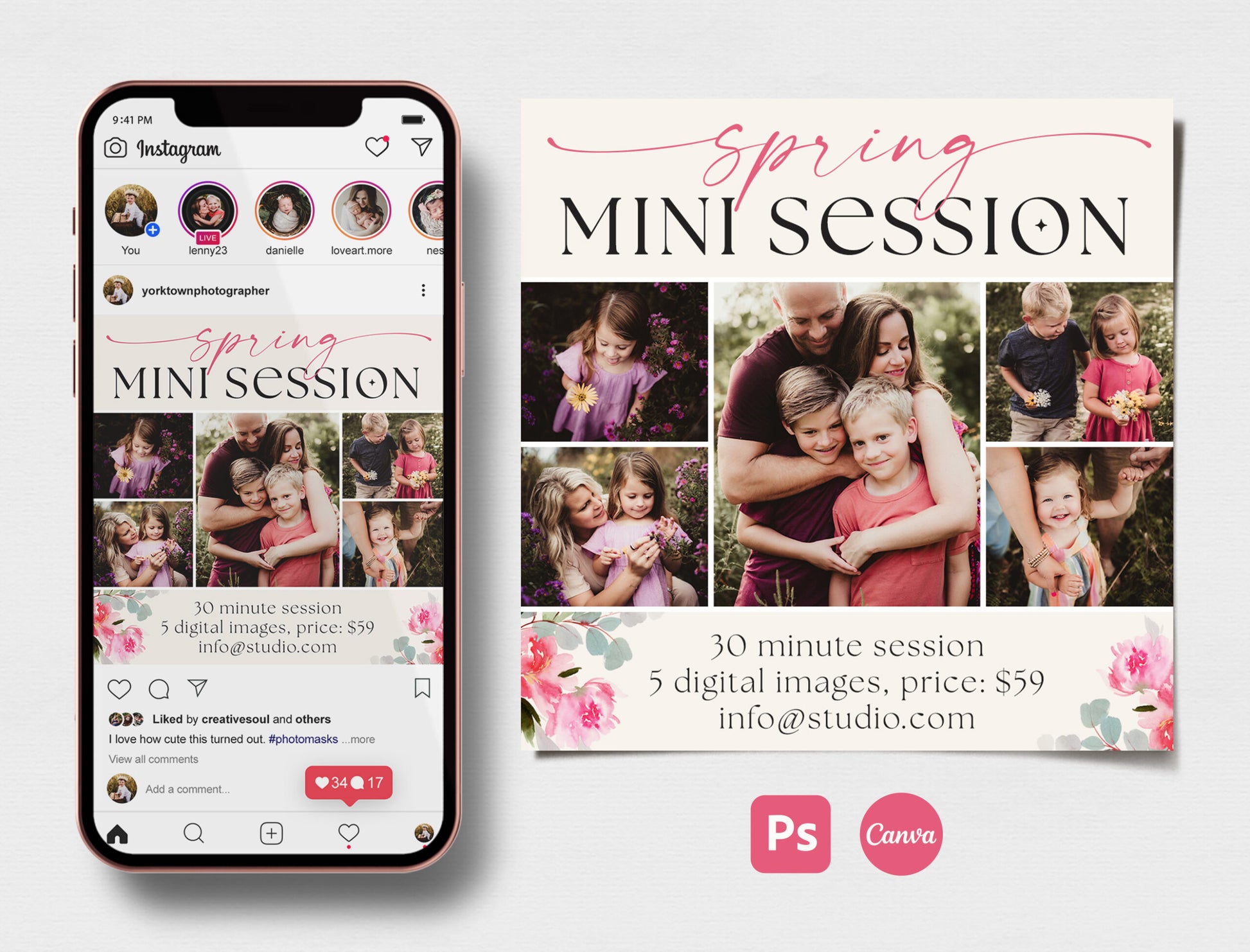 Spring mini session template for Instagram, editable in Photoshop and Canva