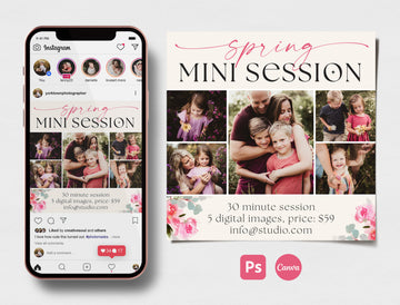 Spring mini session template for Instagram, editable in Photoshop and Canva