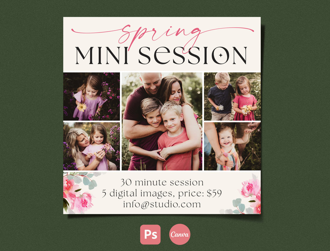 Spring mini session template for Instagram, editable in Photoshop and Canva