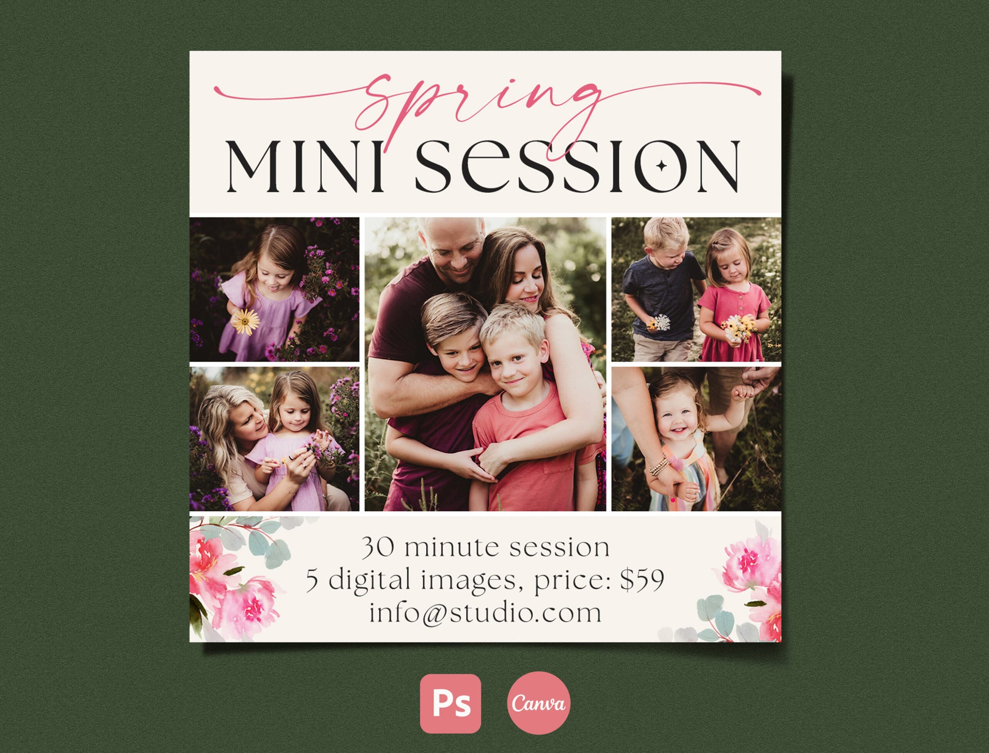 Spring mini session template for Instagram, editable in Photoshop and Canva