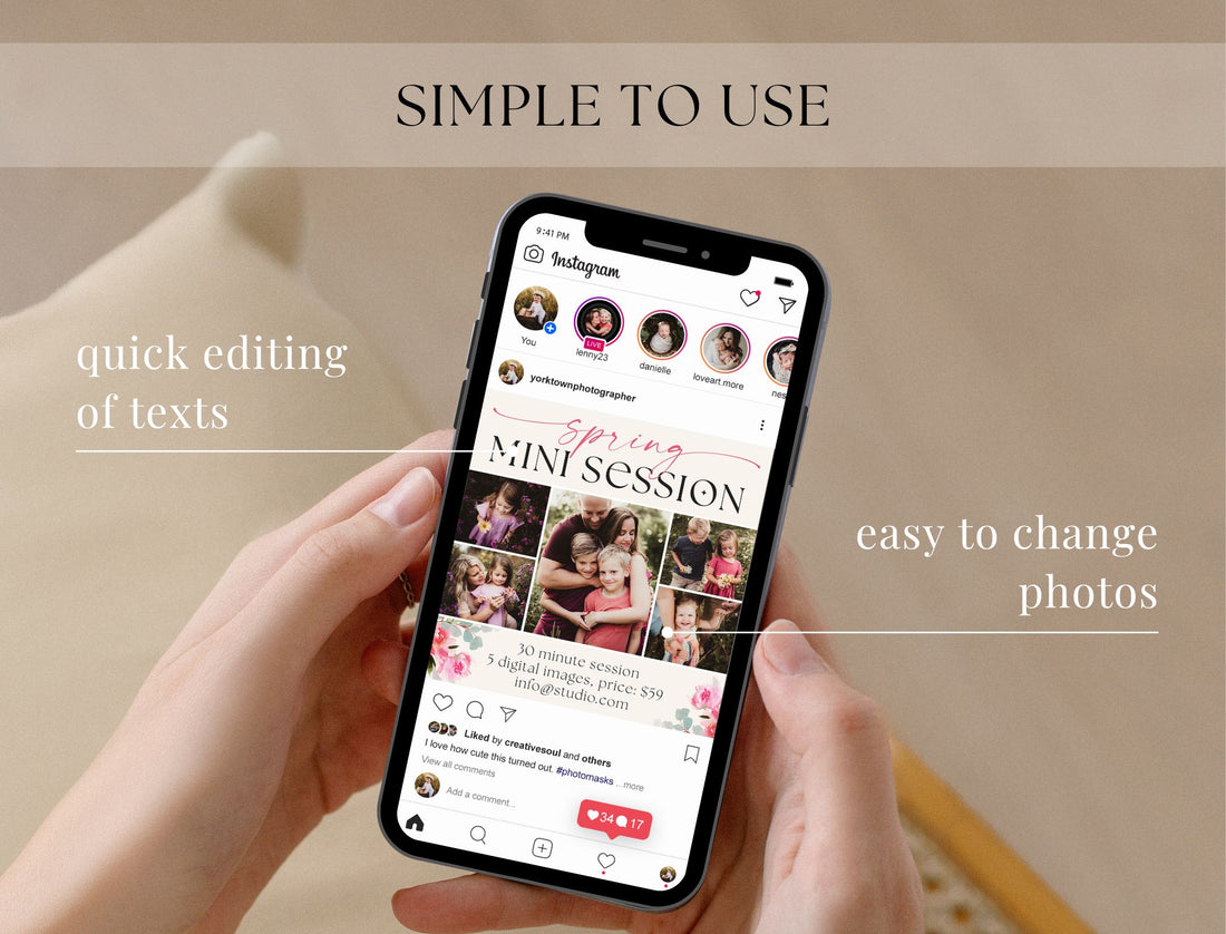 Spring mini session template for Instagram, editable in Photoshop and Canva
