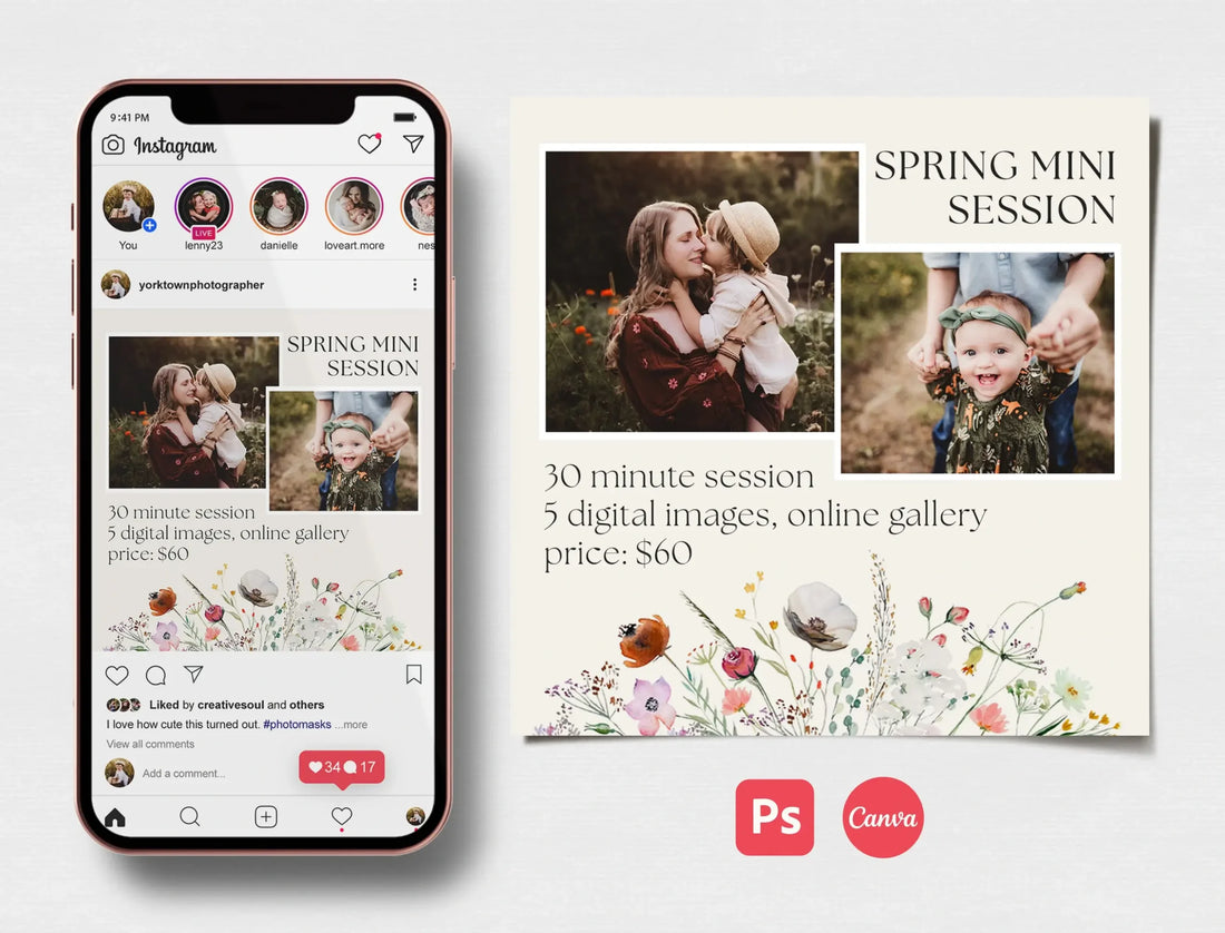 Spring mini session template for Instagram, editable in Photoshop and Canva