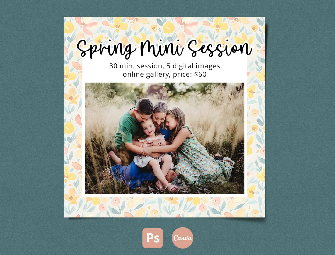 Spring mini session template for Instagram, editable in Photoshop and Canva