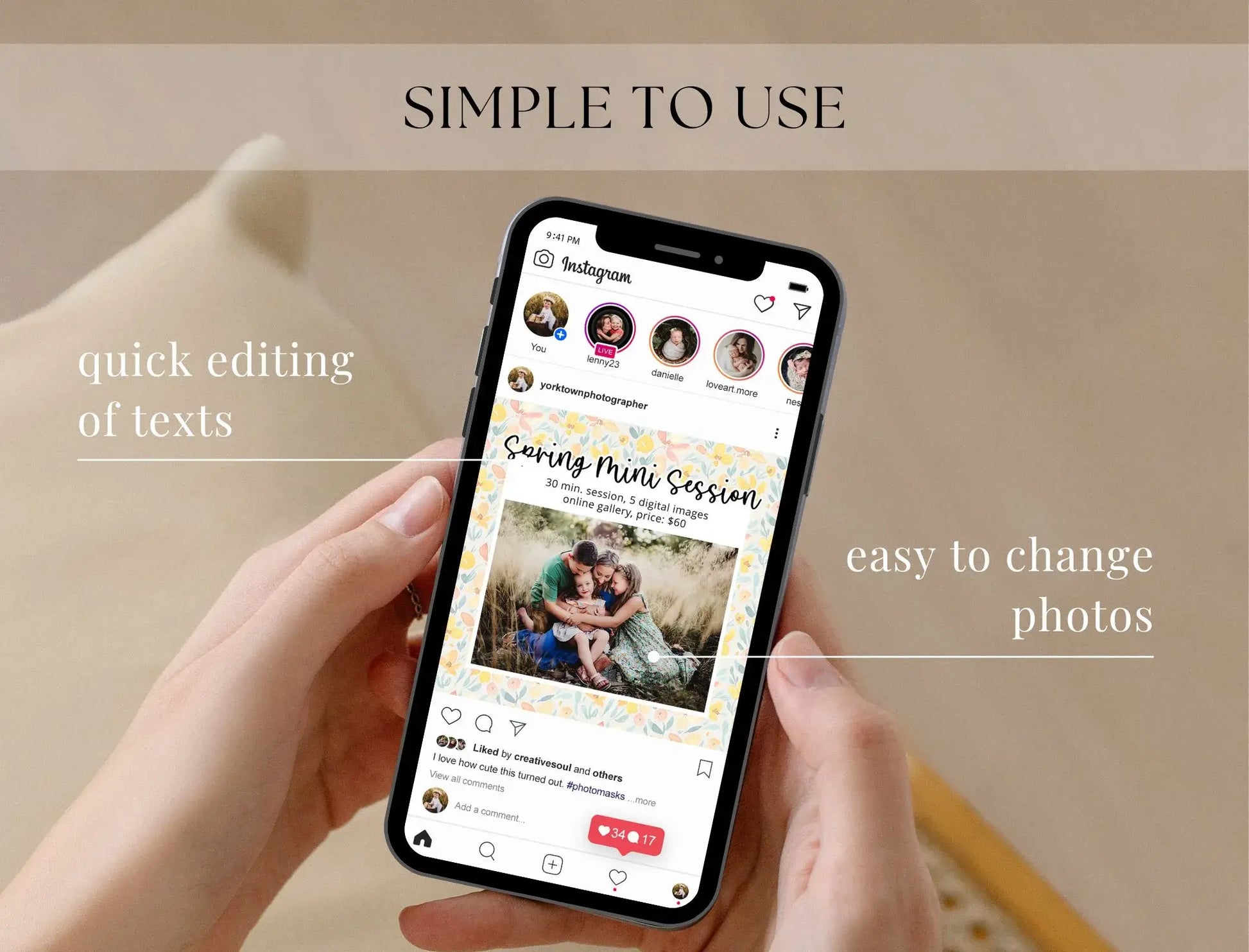 Spring mini session template for Instagram, editable in Photoshop and Canva
