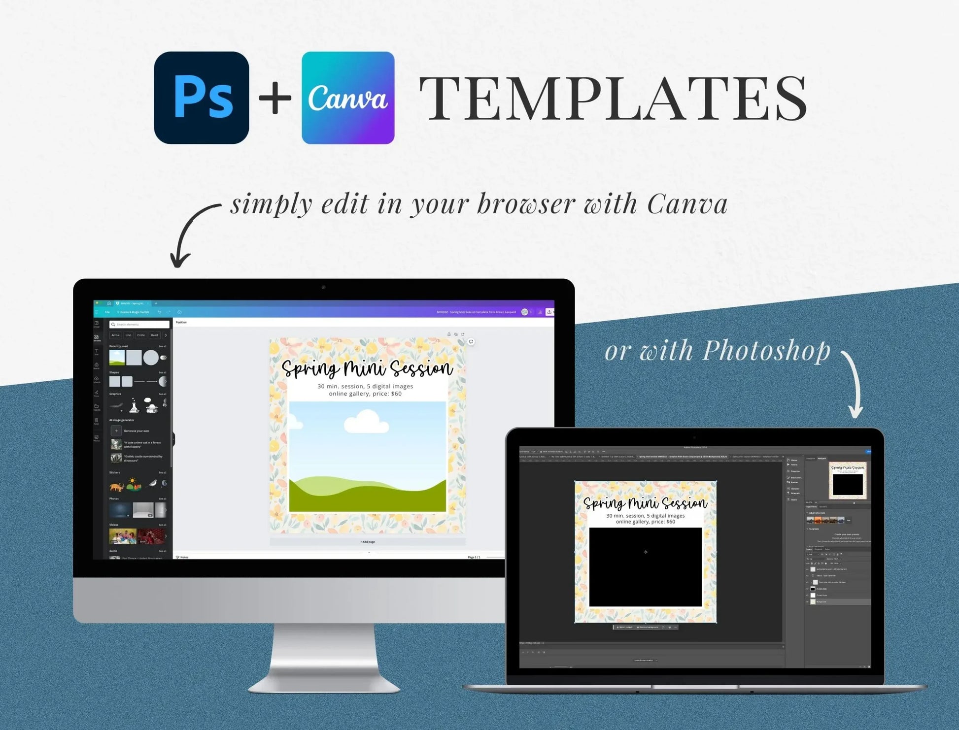 Spring mini session template for Instagram, editable in Photoshop and Canva