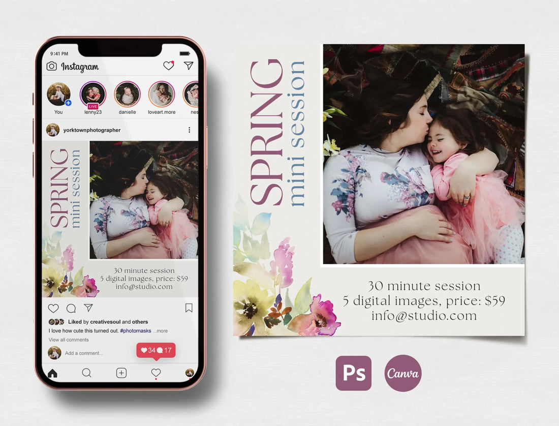 Spring mini session template for Instagram, editable in Photoshop and Canva