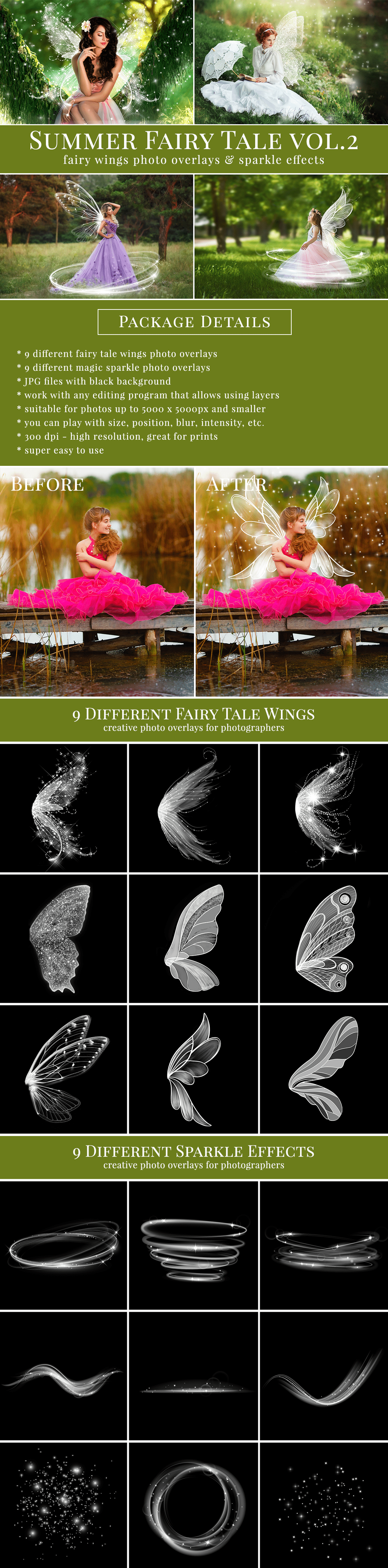 Creative fairy wings photo overlays & sparkle effects, great for fairy mini sessions, summer kids & family pictures, portraits, etc. Tweak your photography and style original scenes with fabulous results, attract more potential clients with original pictures, edited just in few seconds, very easy to use - drag & drop. Work with any editing software that allows using layers – like Adobe Photoshop CS & CC, Elements, Canva, Zoner, Gimp, PicMonkey etc.